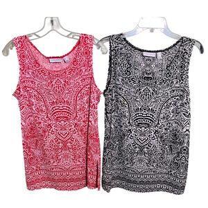 Susan Graver 2 Tops Paisley Print Sleeveless Black & White, Orange & White Sz M